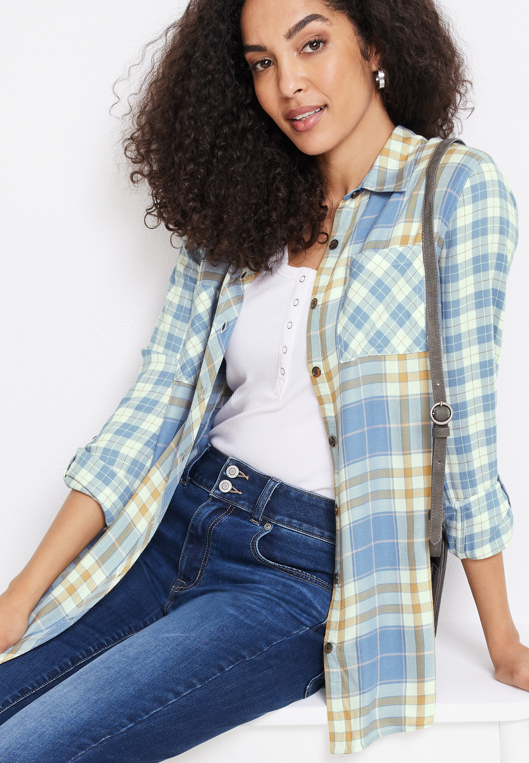 Cabin Plaid High Low Tunic Button Down Shirt, , large