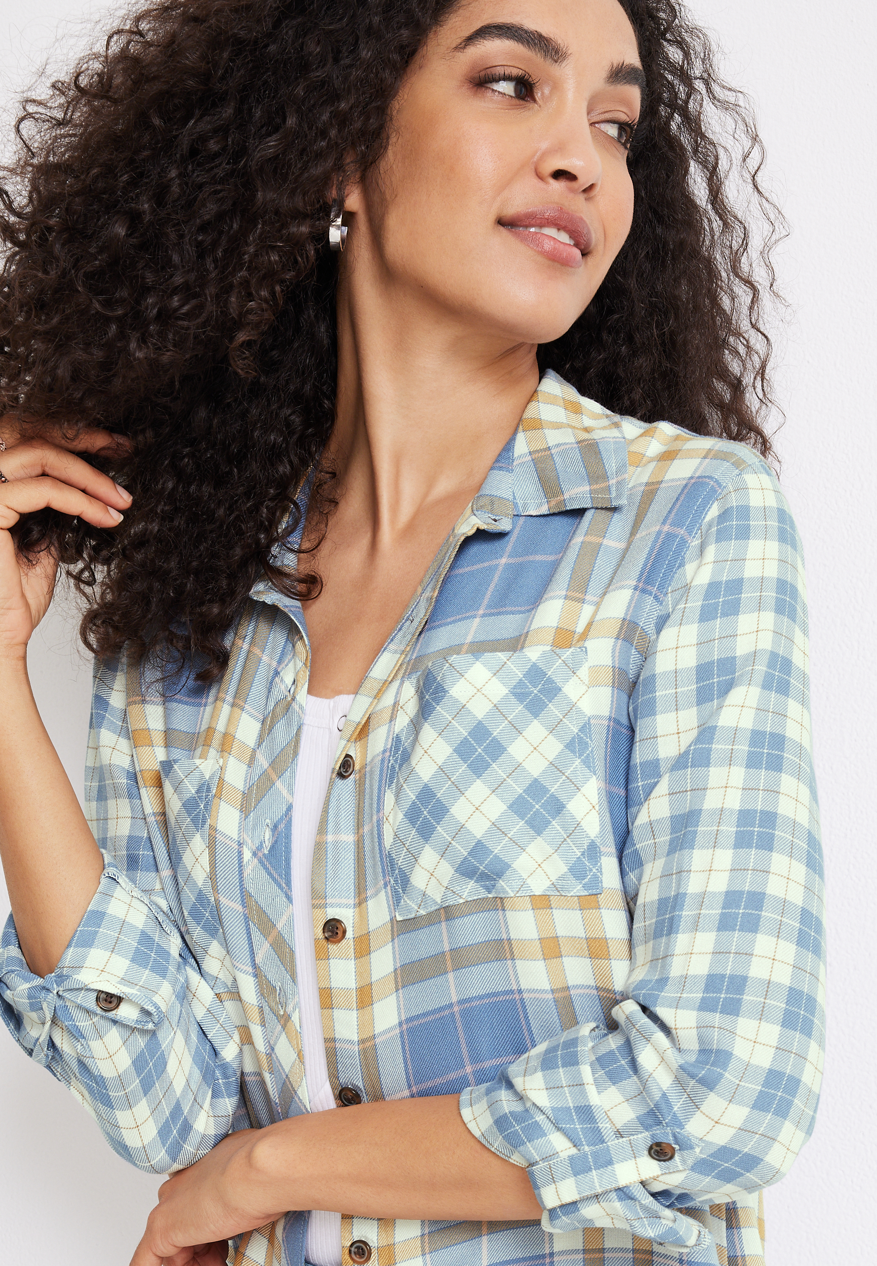 Cabin Plaid High Low Tunic Button Down Shirt, , large