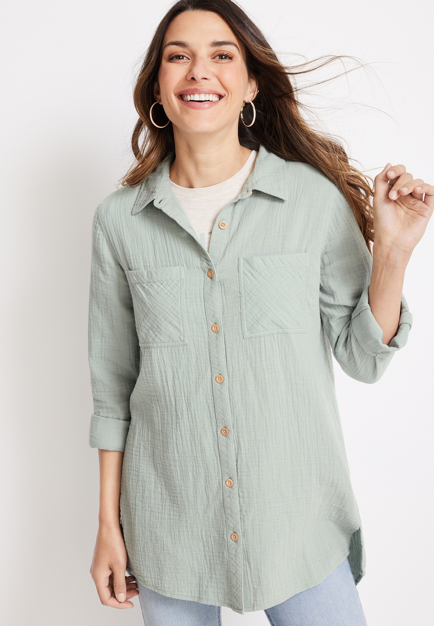 Double Cloth Button Down Tunic | maurices