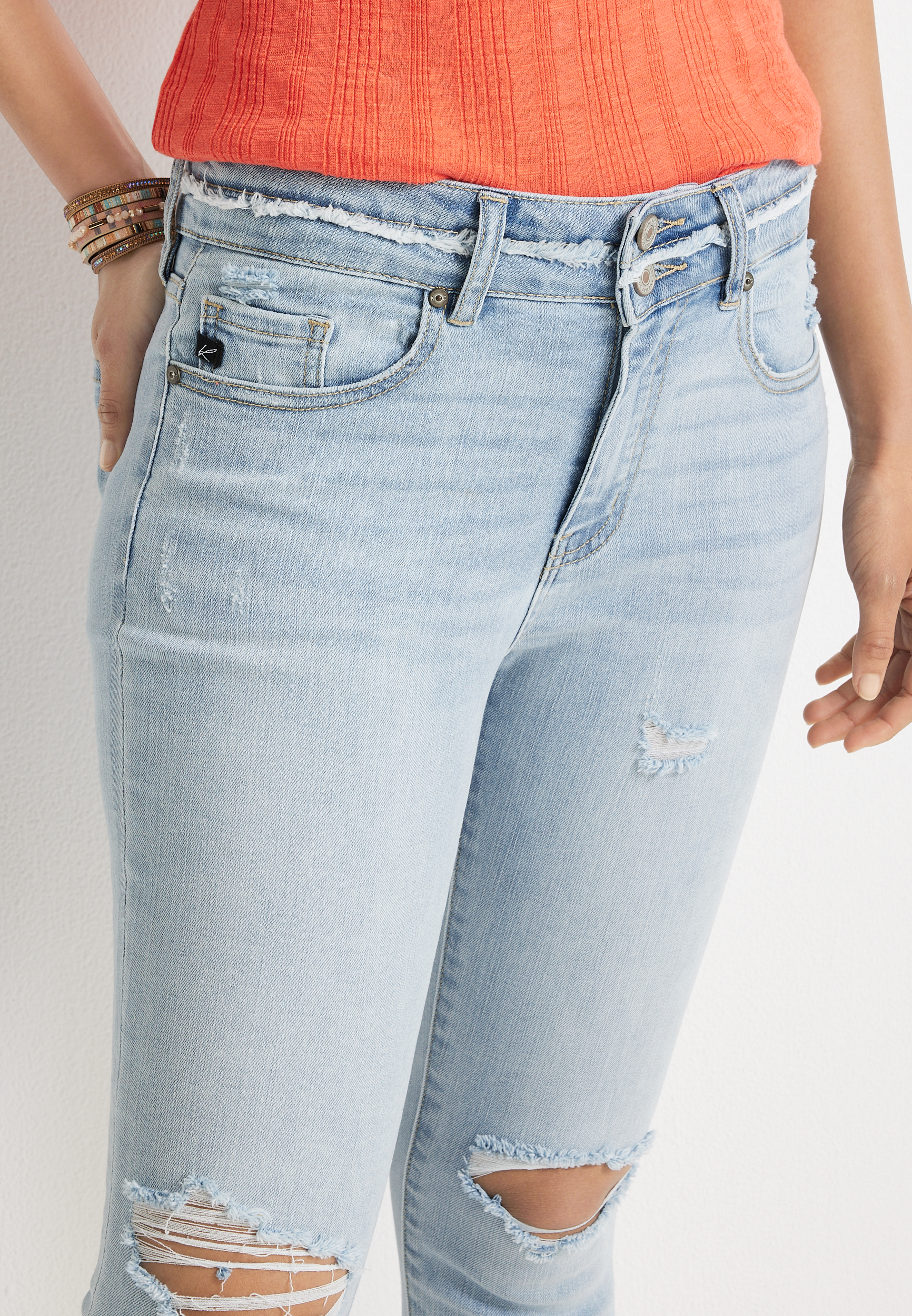 KanCan&trade; High Rise Ripped Capri, LIGHT SANDBLAST, large