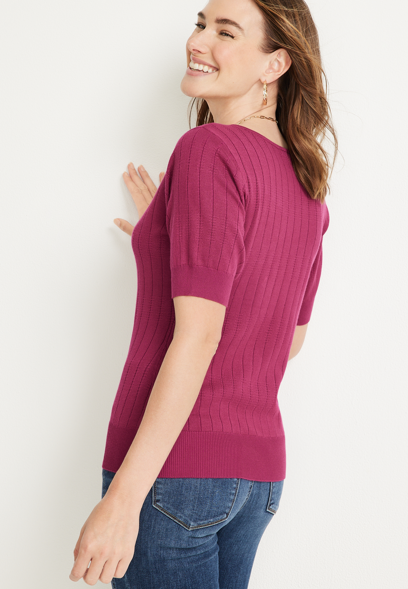 Sweetheart Neck Short Sleeve Sweater, C9094, large
