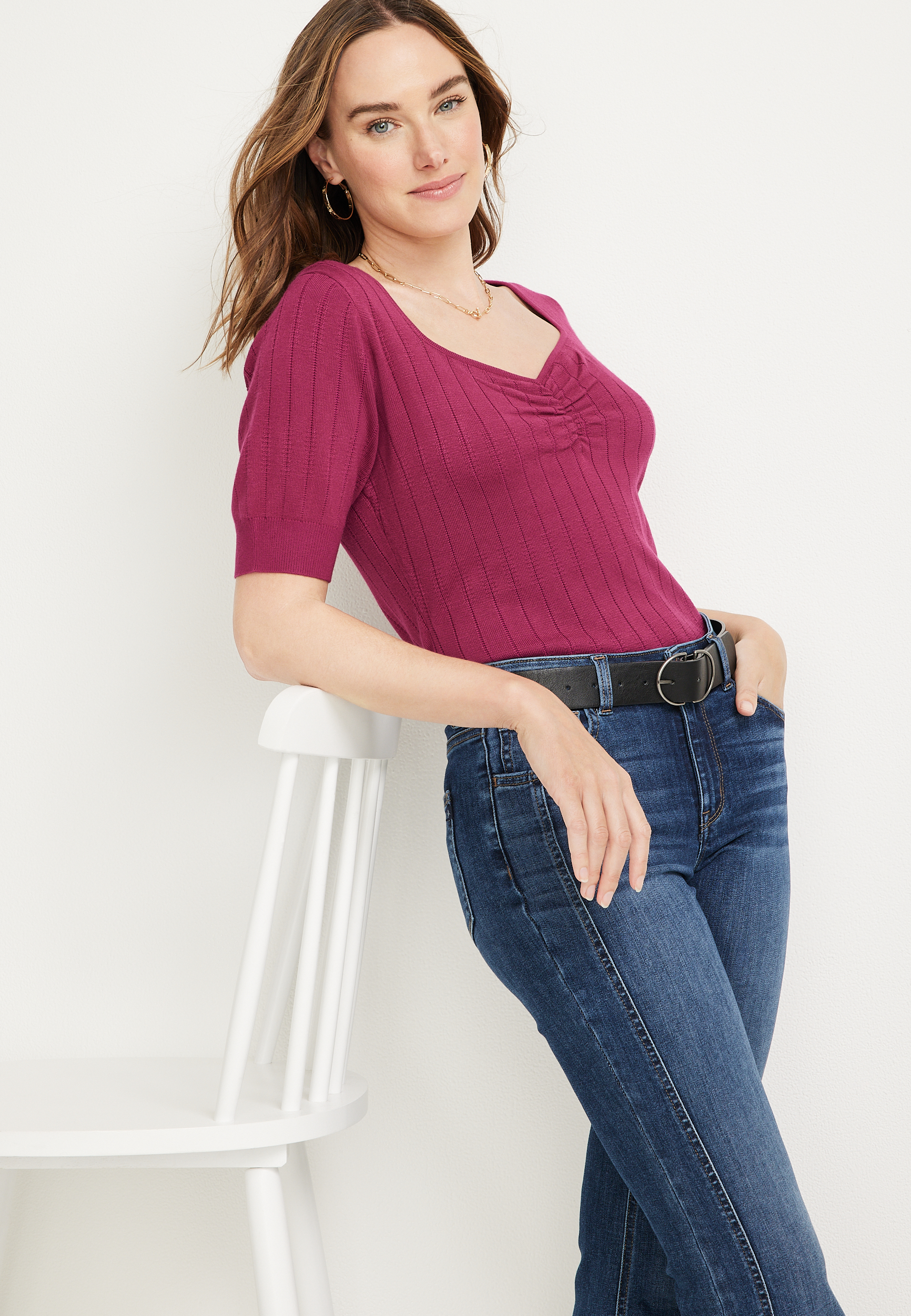 Sweetheart Neck Short Sleeve Sweater, C9094, large