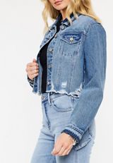 KanCan&trade; Ripped Hem Cropped Denim Jacket, MEDIUM SANDBLAST, small