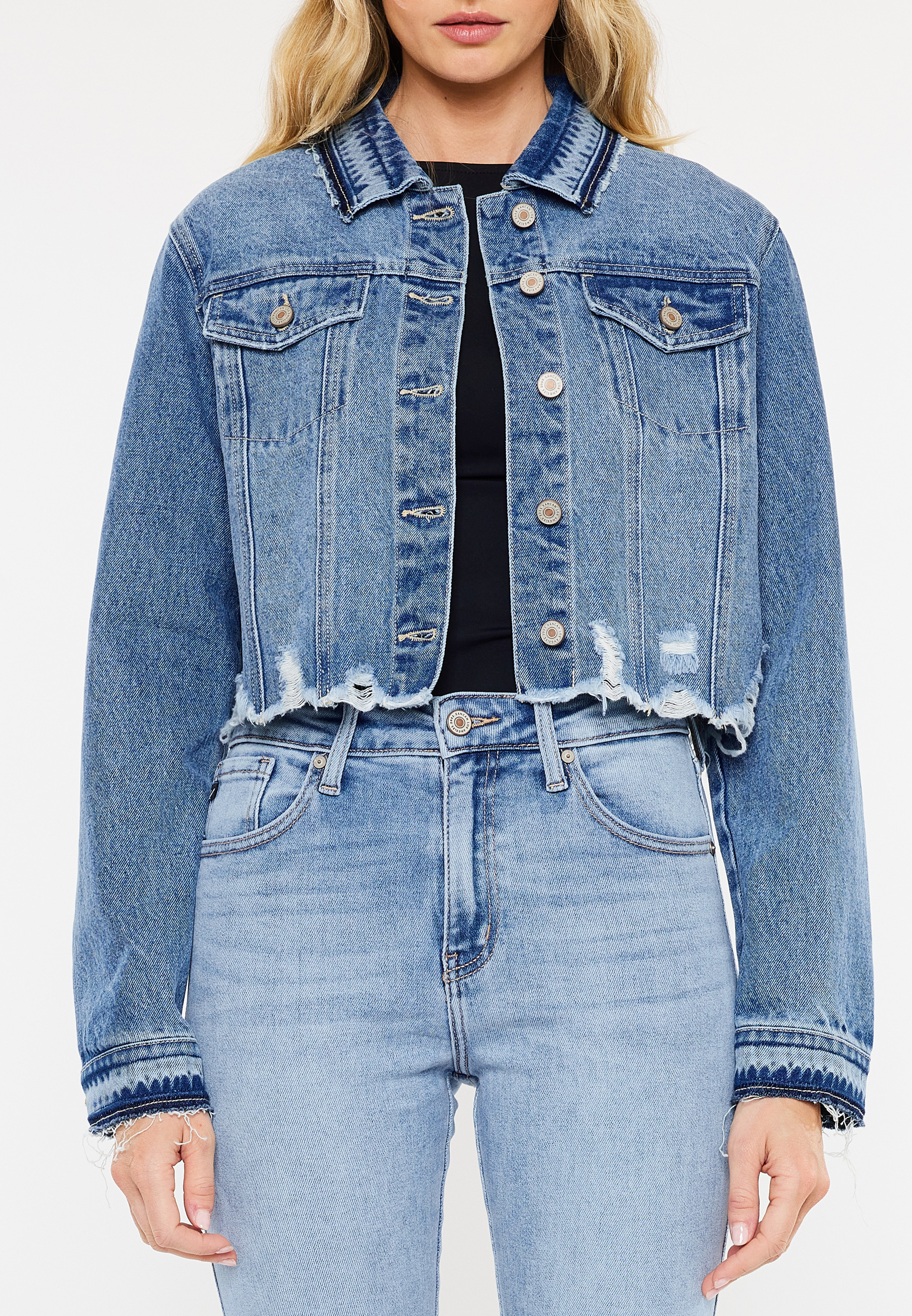 KanCan&trade; Ripped Hem Cropped Denim Jacket, MEDIUM SANDBLAST, large