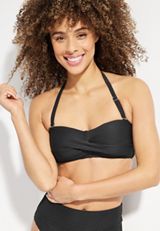 Twist Ribbed Bandeau Bikini Swim Top, BLACK, small