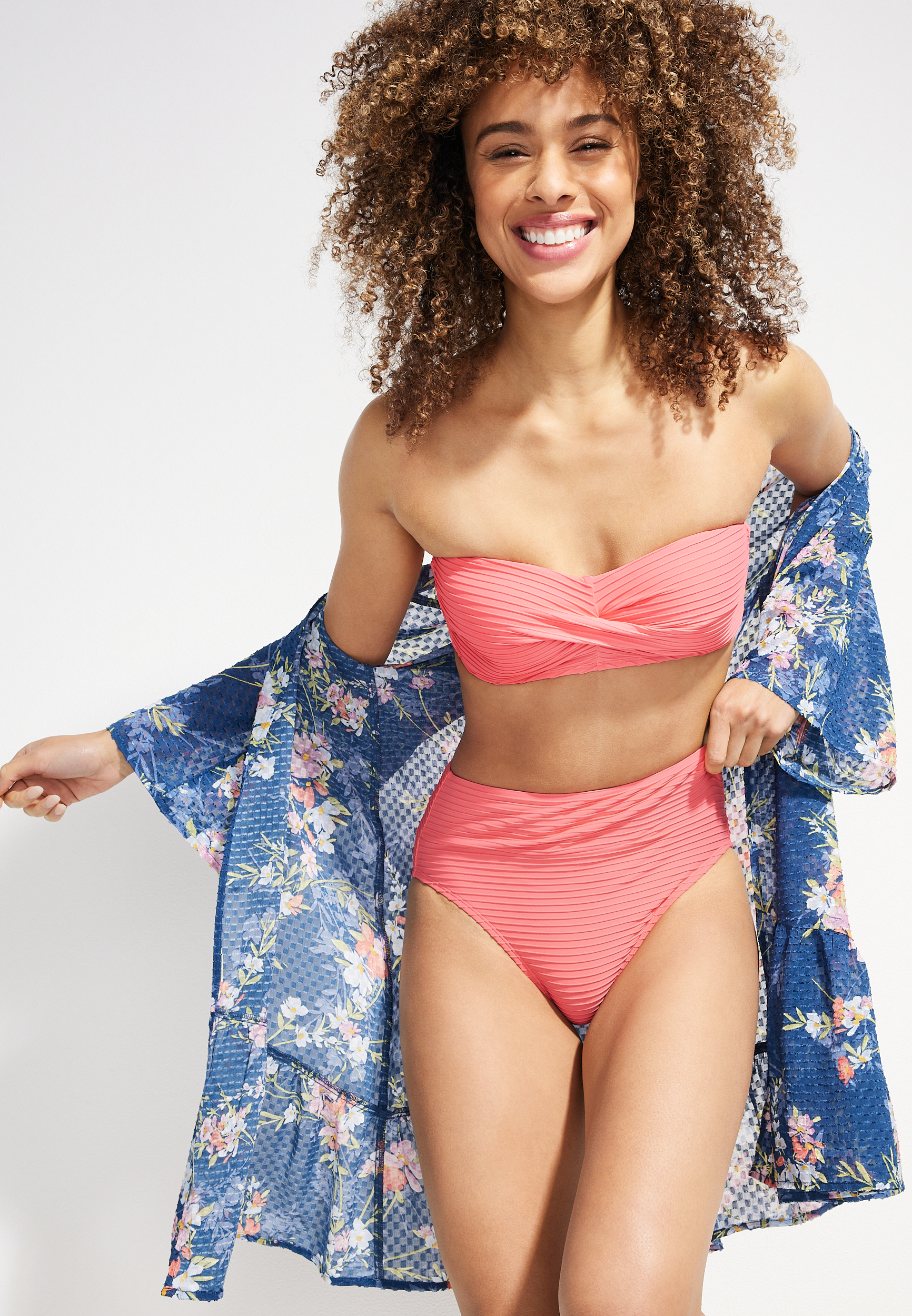 Twist Ribbed Bandeau Bikini Swim Top, CORAL, large