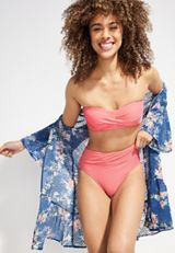 Twist Ribbed Bandeau Bikini Swim Top, CORAL, small