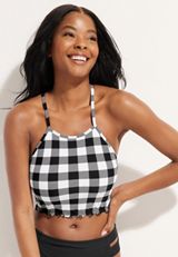 Plaid Lace Up Back High Neck Midkini Swim Top, C268, small