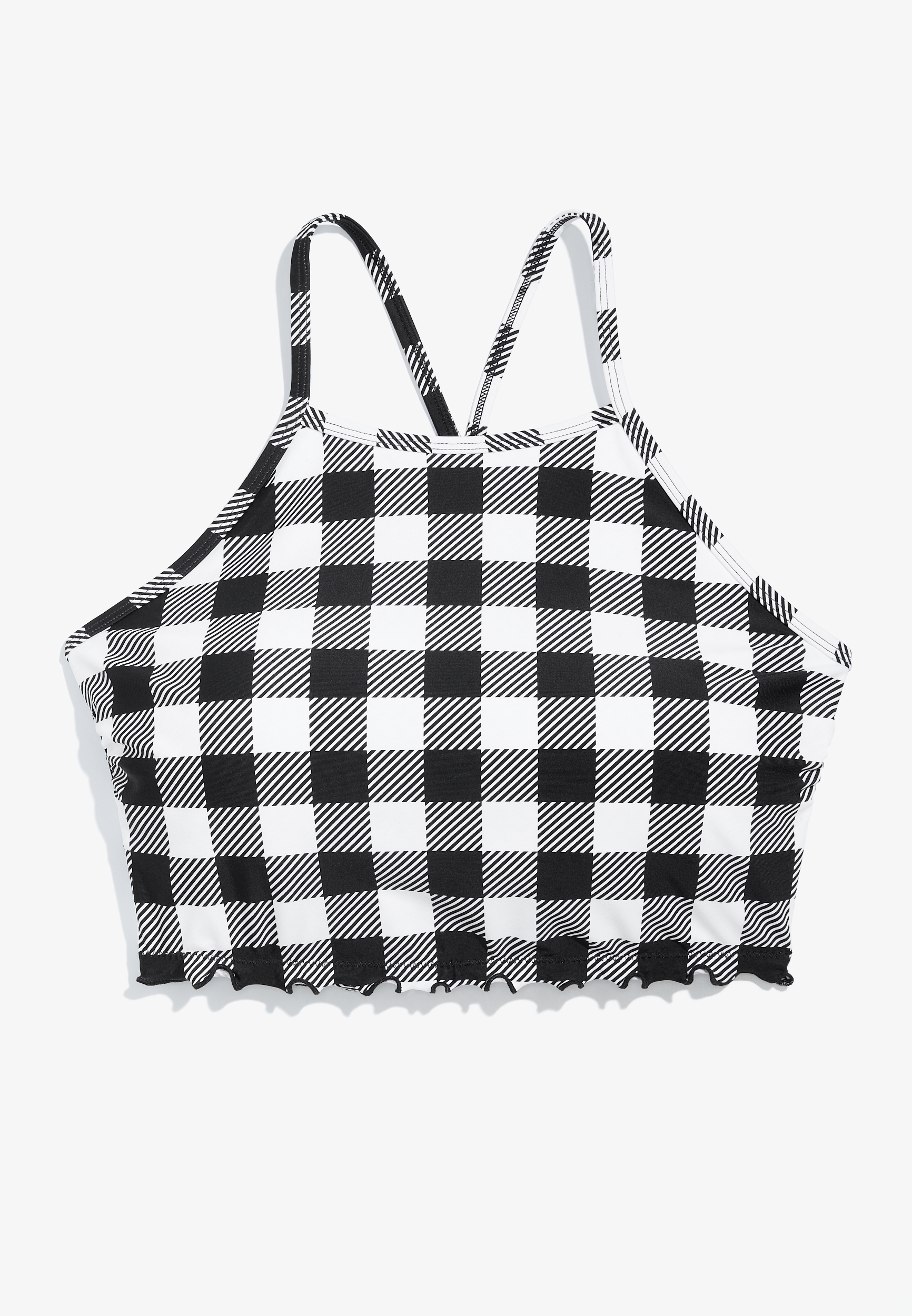 Plaid Lace Up Back High Neck Midkini Swim Top, C268, large