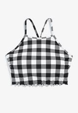 Plaid Lace Up Back High Neck Midkini Swim Top, C268, small
