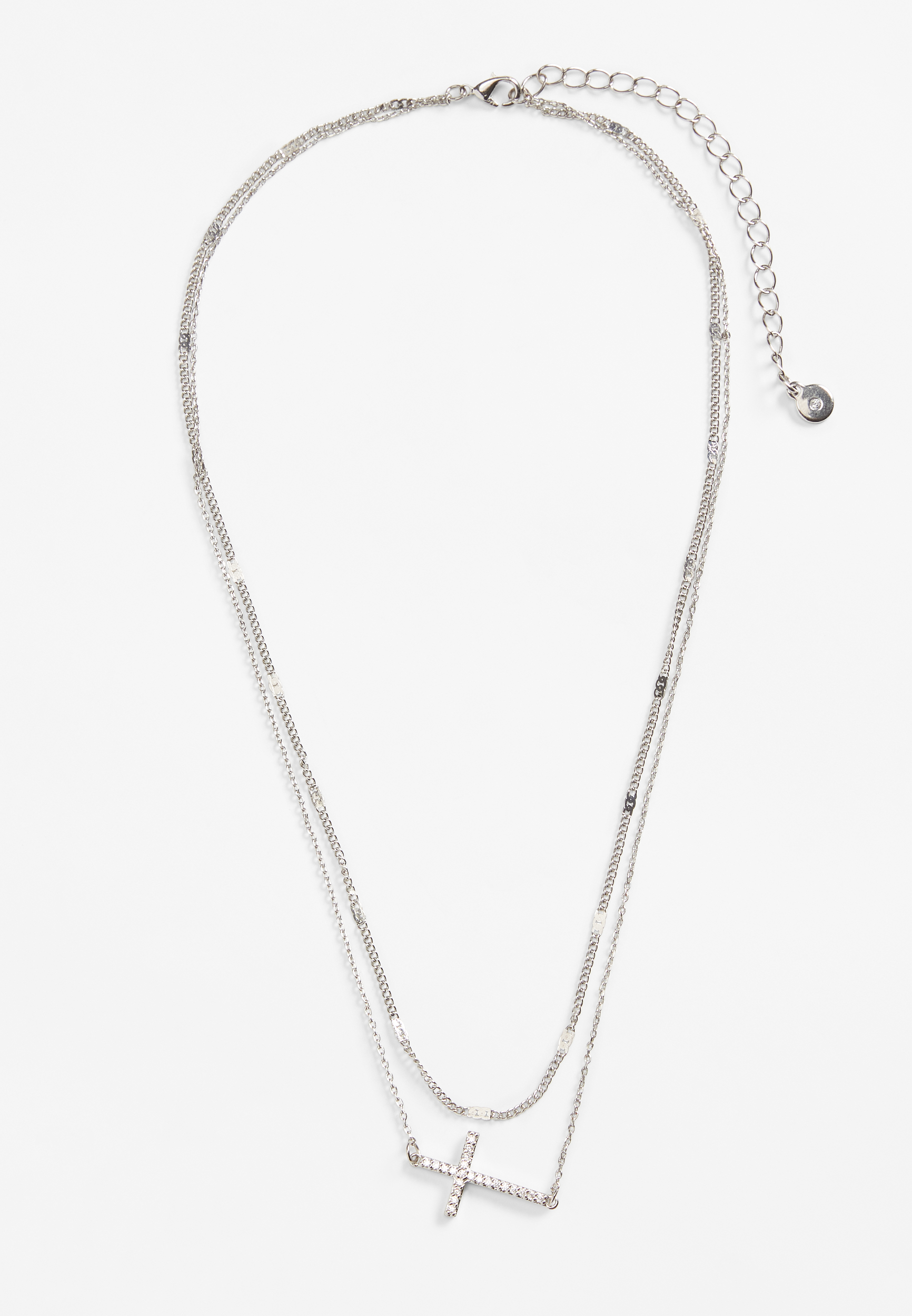 Silver Side Cross Layered Necklace, , large