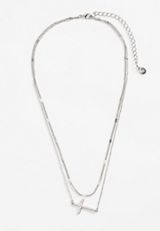 Silver Side Cross Layered Necklace, , small