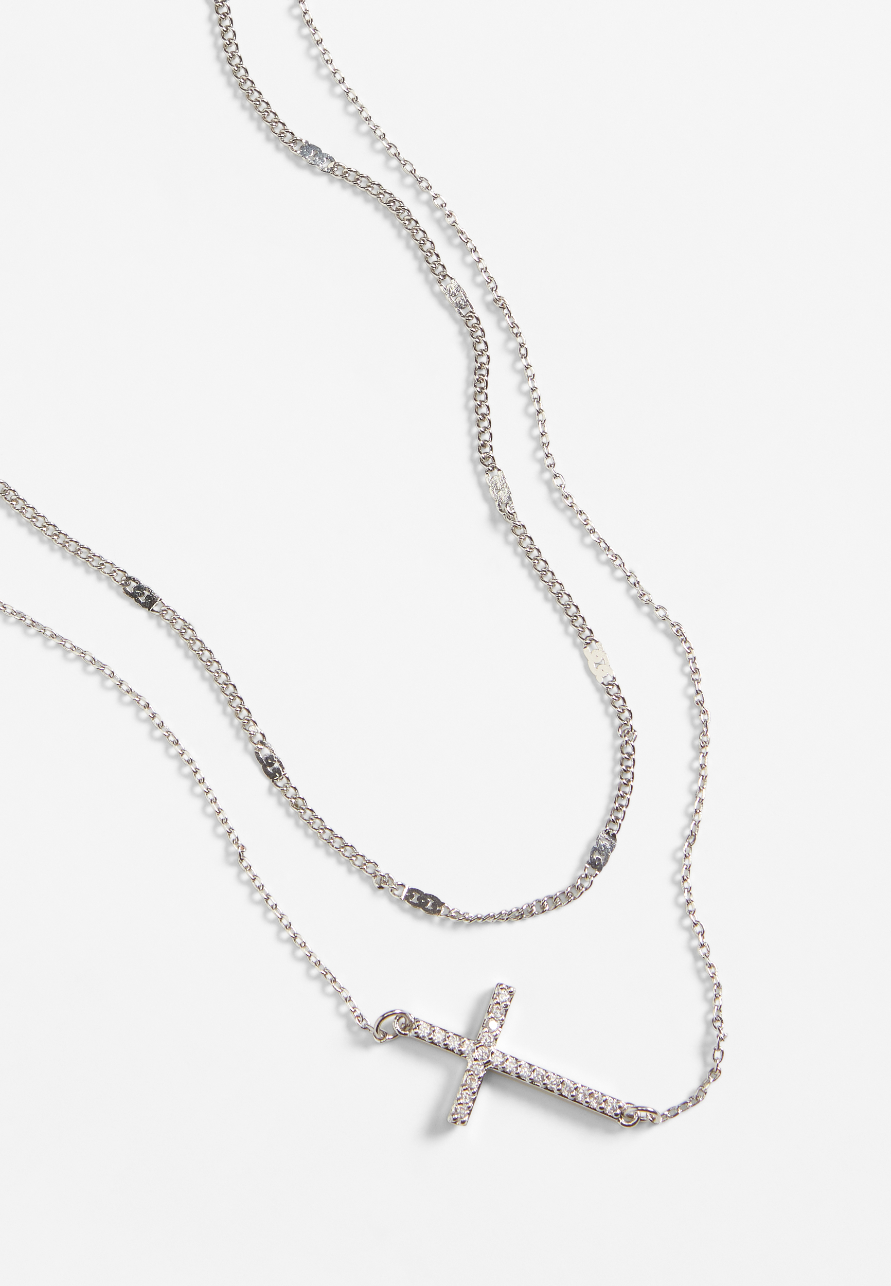 Silver Side Cross Layered Necklace, , large