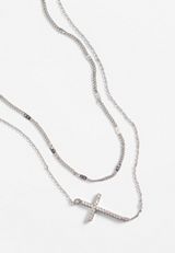 Silver Side Cross Layered Necklace, , small