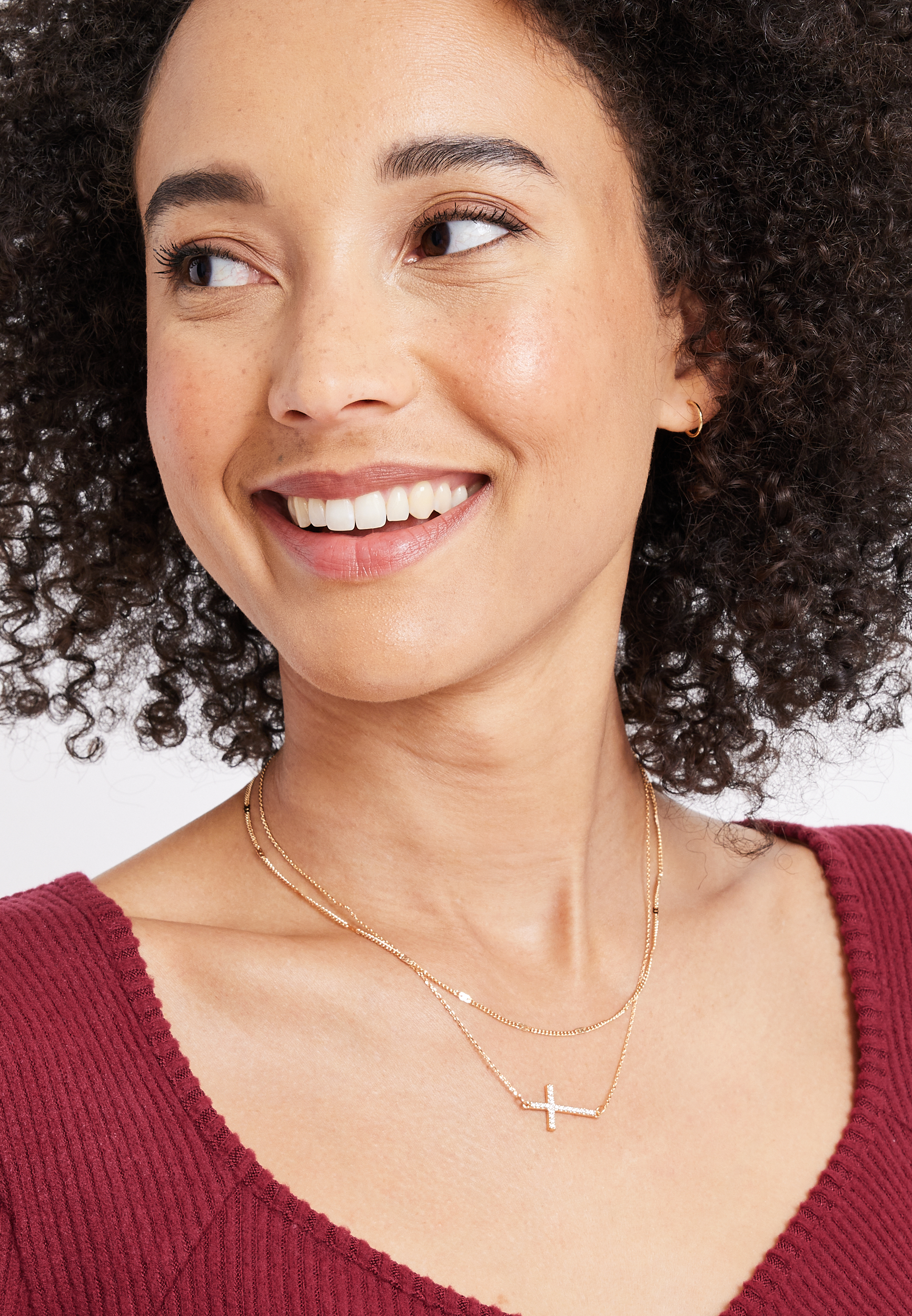Gold Side Cross Layered Necklace, , large