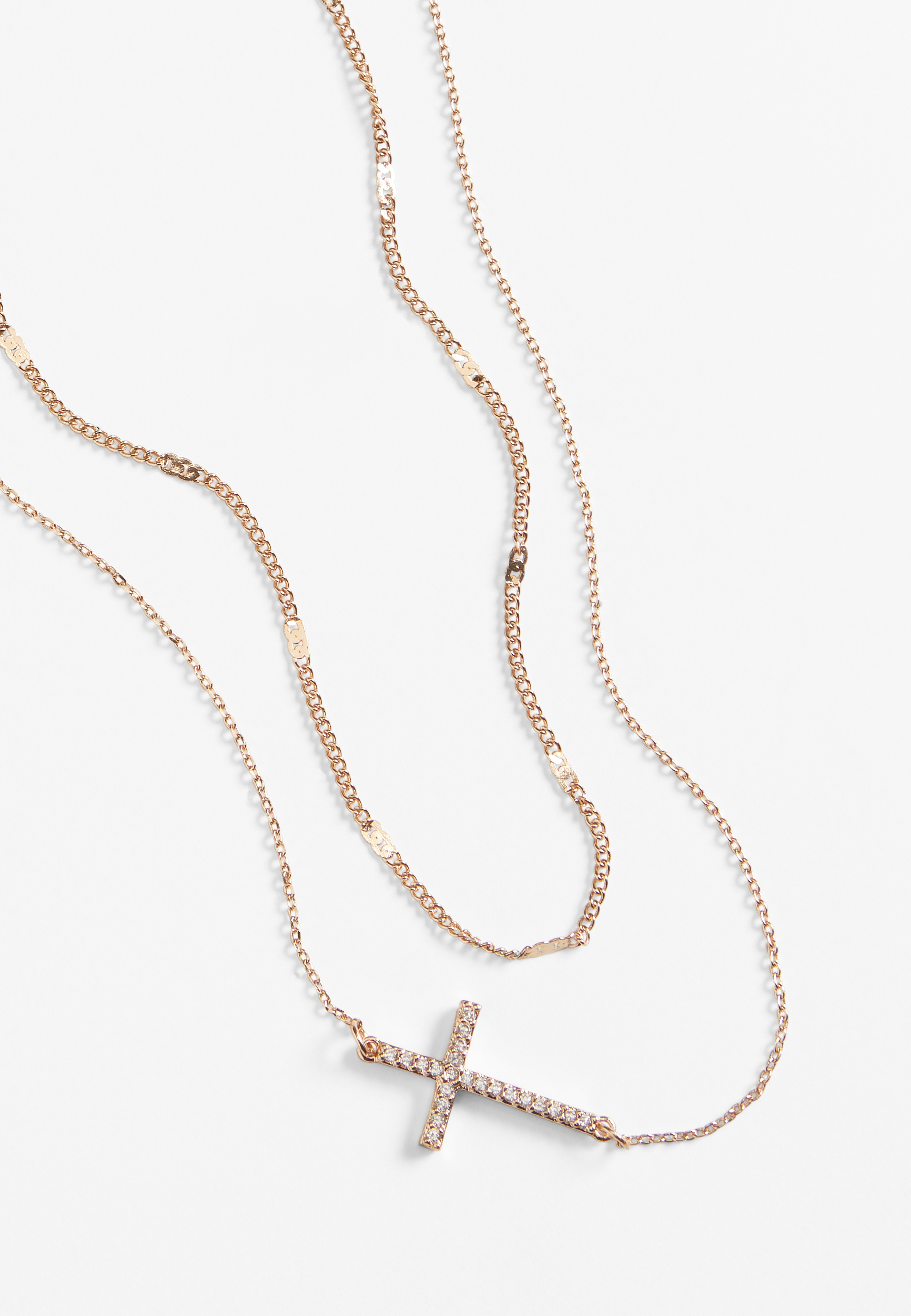 Gold Side Cross Layered Necklace, , large