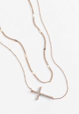 Gold Side Cross Layered Necklace, , small