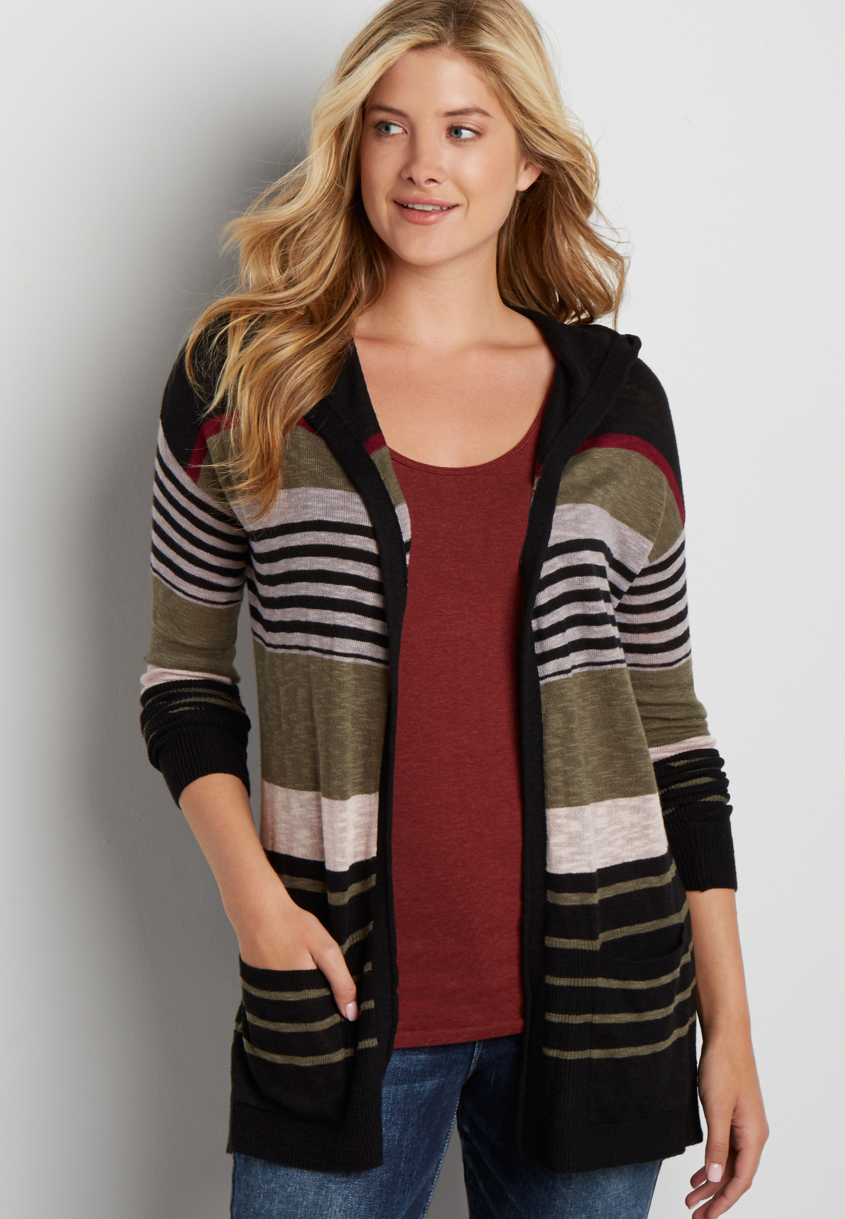 Amber Lightweight Striped Cardigan Olive in Medium main image 1