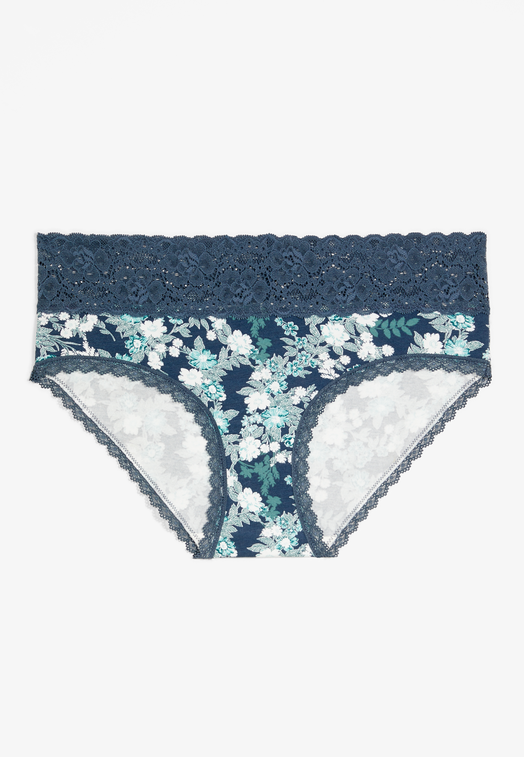 Simply Comfy Blue Floral Wide Lace Trim Cotton Hipster Panty | maurices