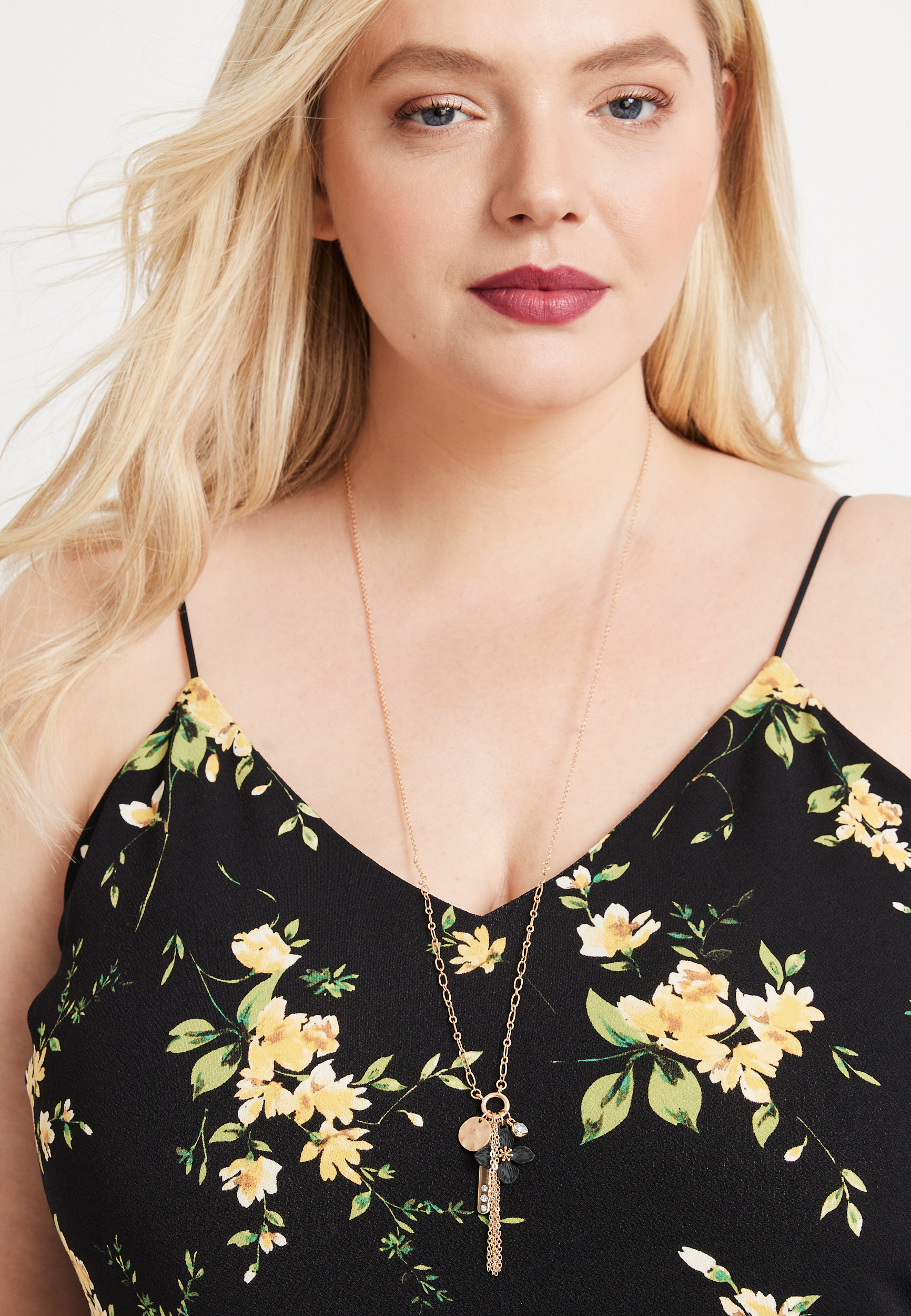 Black Floral Cluster Pendant Necklace, , large