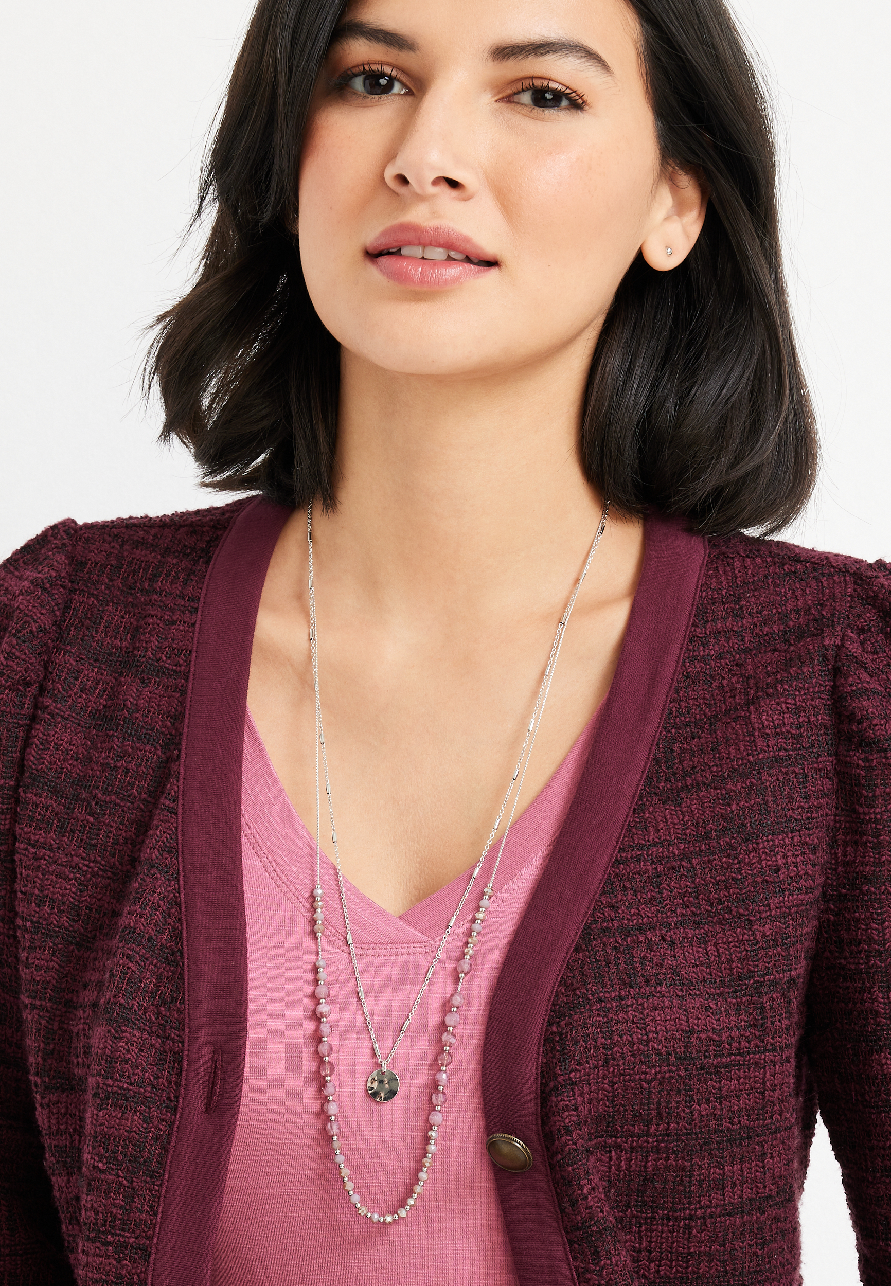 Purple Beaded Layered Necklace, SILVER, large