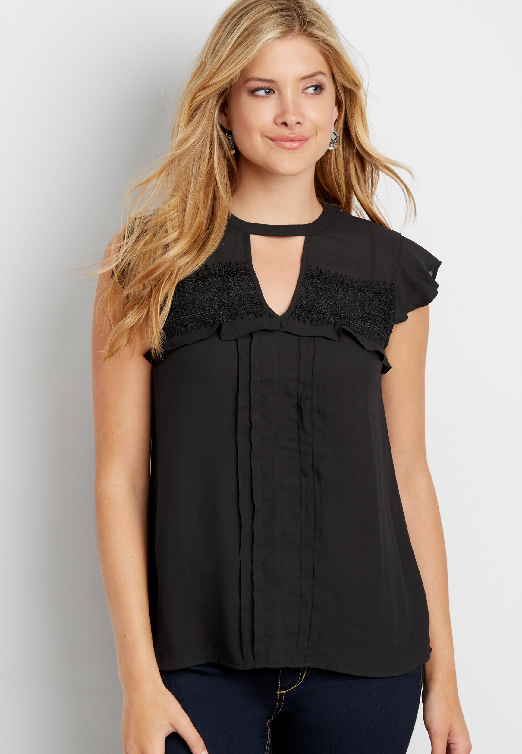 chiffon blouse with pleating and crocheted overlay | maurices