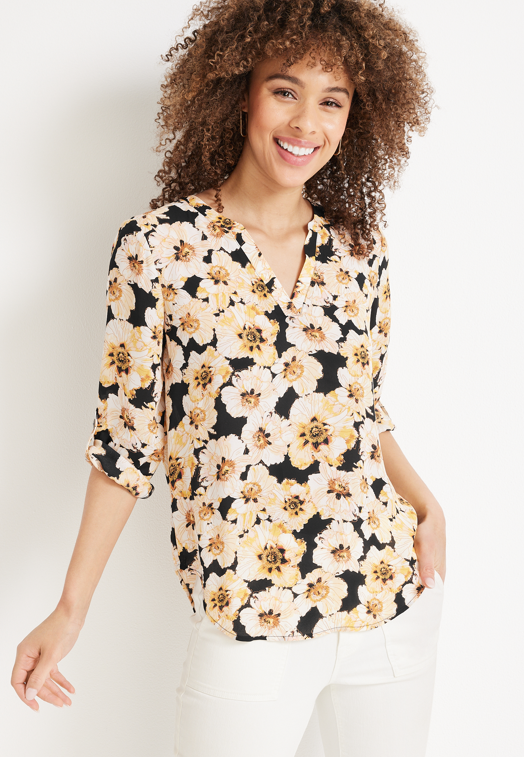 Atwood Floral 3/4 Sleeve Popover Blouse | maurices