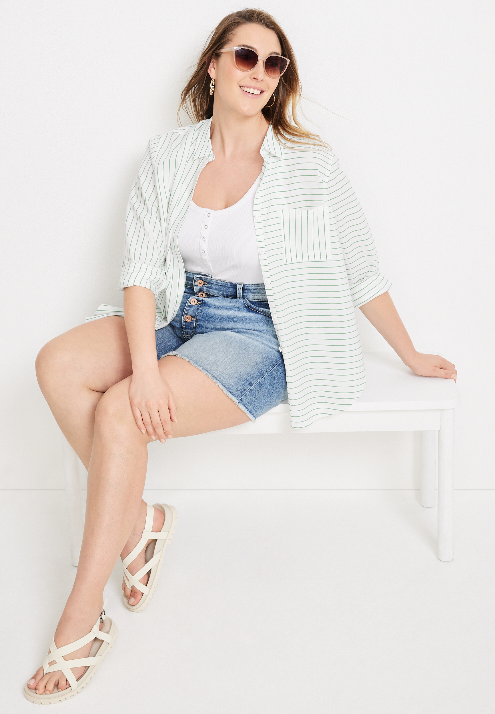 Plus Size Striped 90s Prep Button Up Shirt, C8268, large