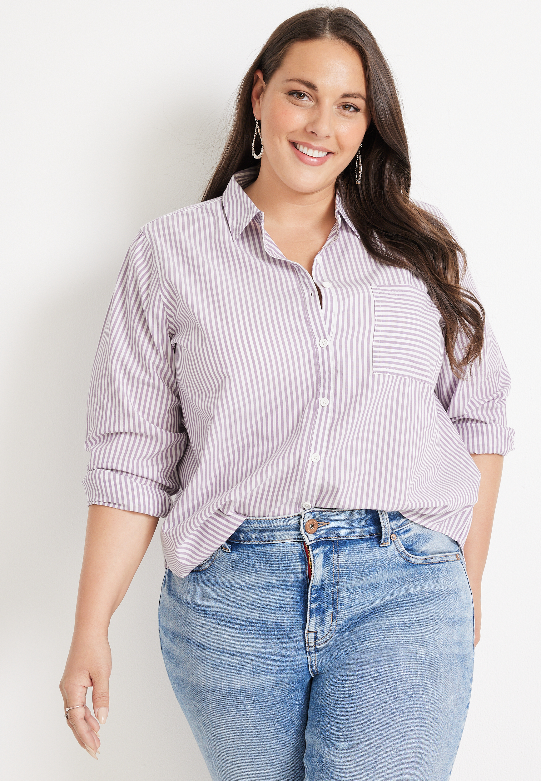 Plus Size Striped 90s Prep Button Up Shirt maurices