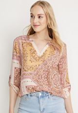 Atwood Patchwork 3/4 Sleeve Popover Blouse, C1524, small
