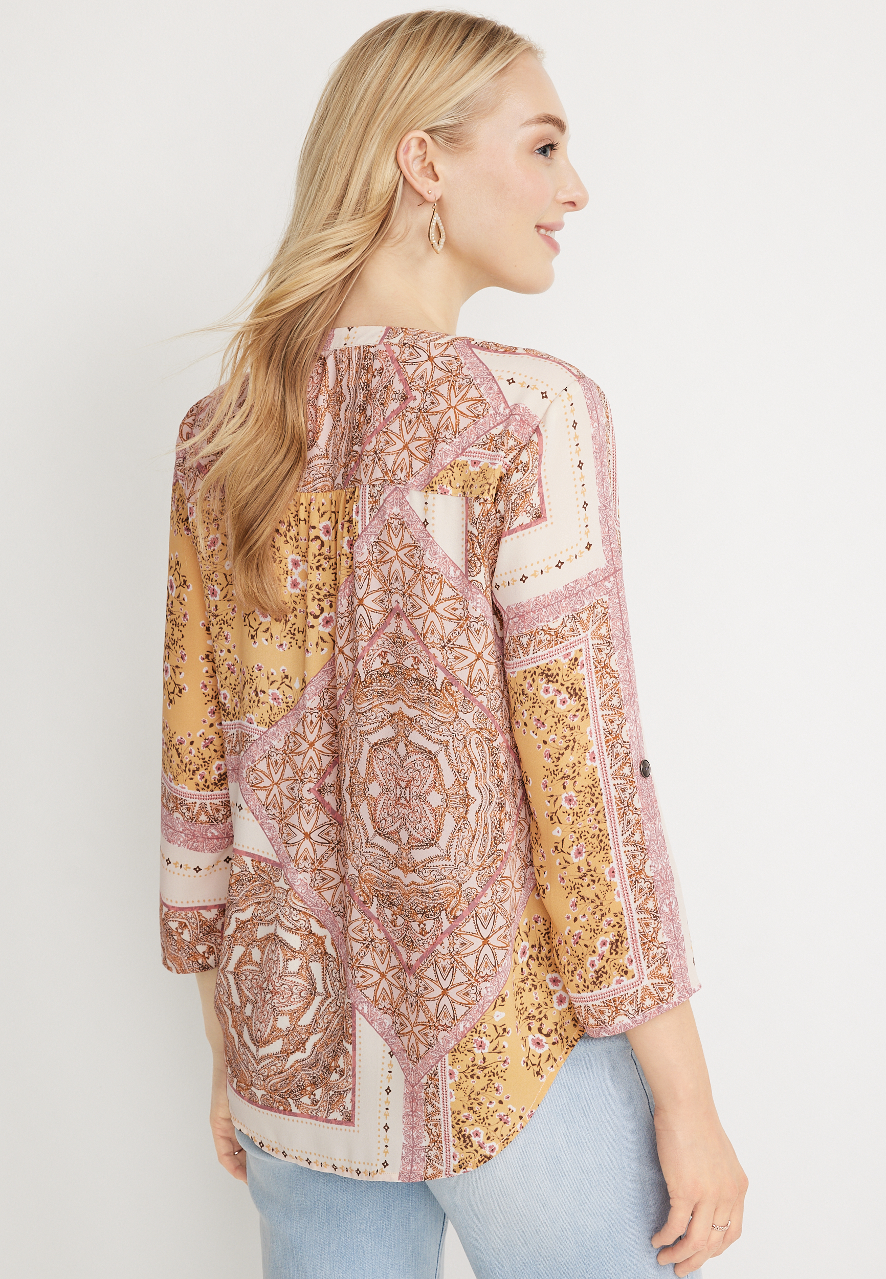 Atwood Patchwork 3/4 Sleeve Popover Blouse, C1524, large