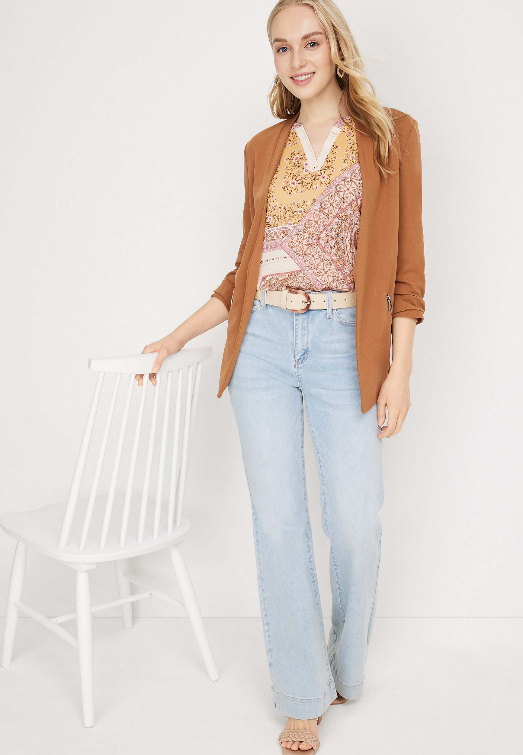 Atwood Patchwork 3/4 Sleeve Popover Blouse, C1524, large