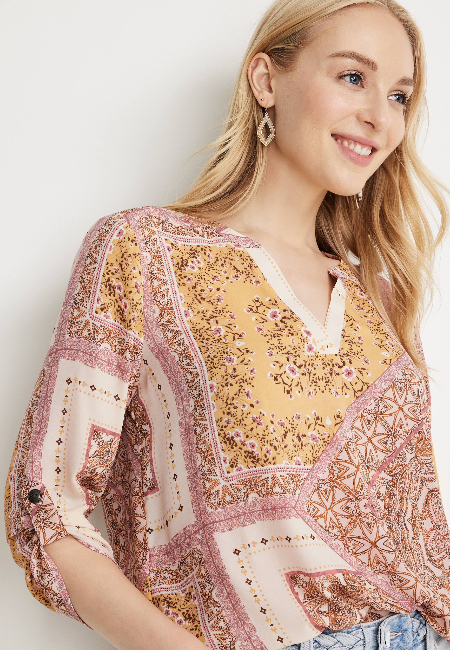 Atwood Patchwork 3/4 Sleeve Popover Blouse, C1524, large