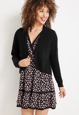 Cropped Long Sleeve Knit Cardigan, BLACK, small