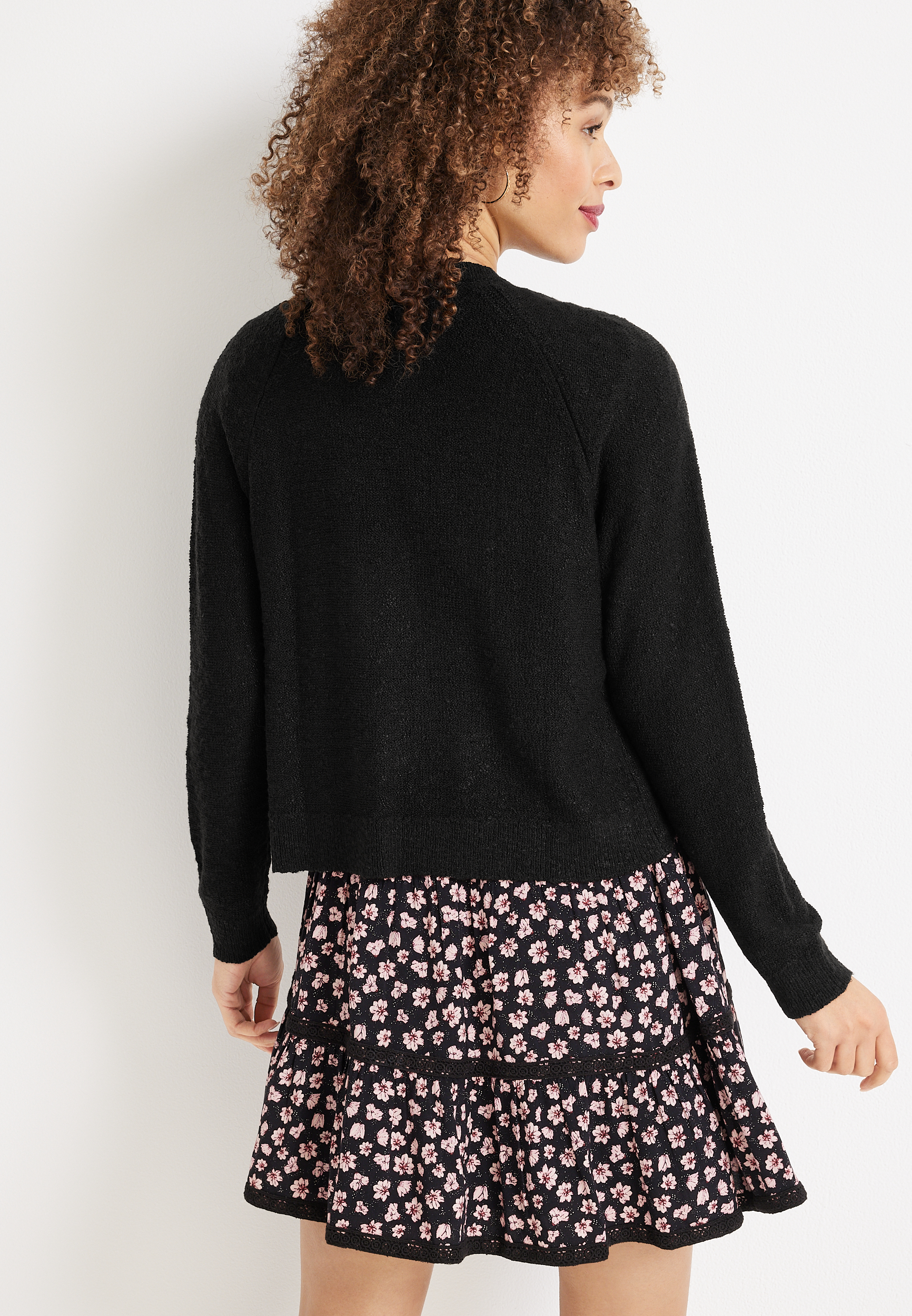 Cropped Long Sleeve Knit Cardigan, BLACK, large