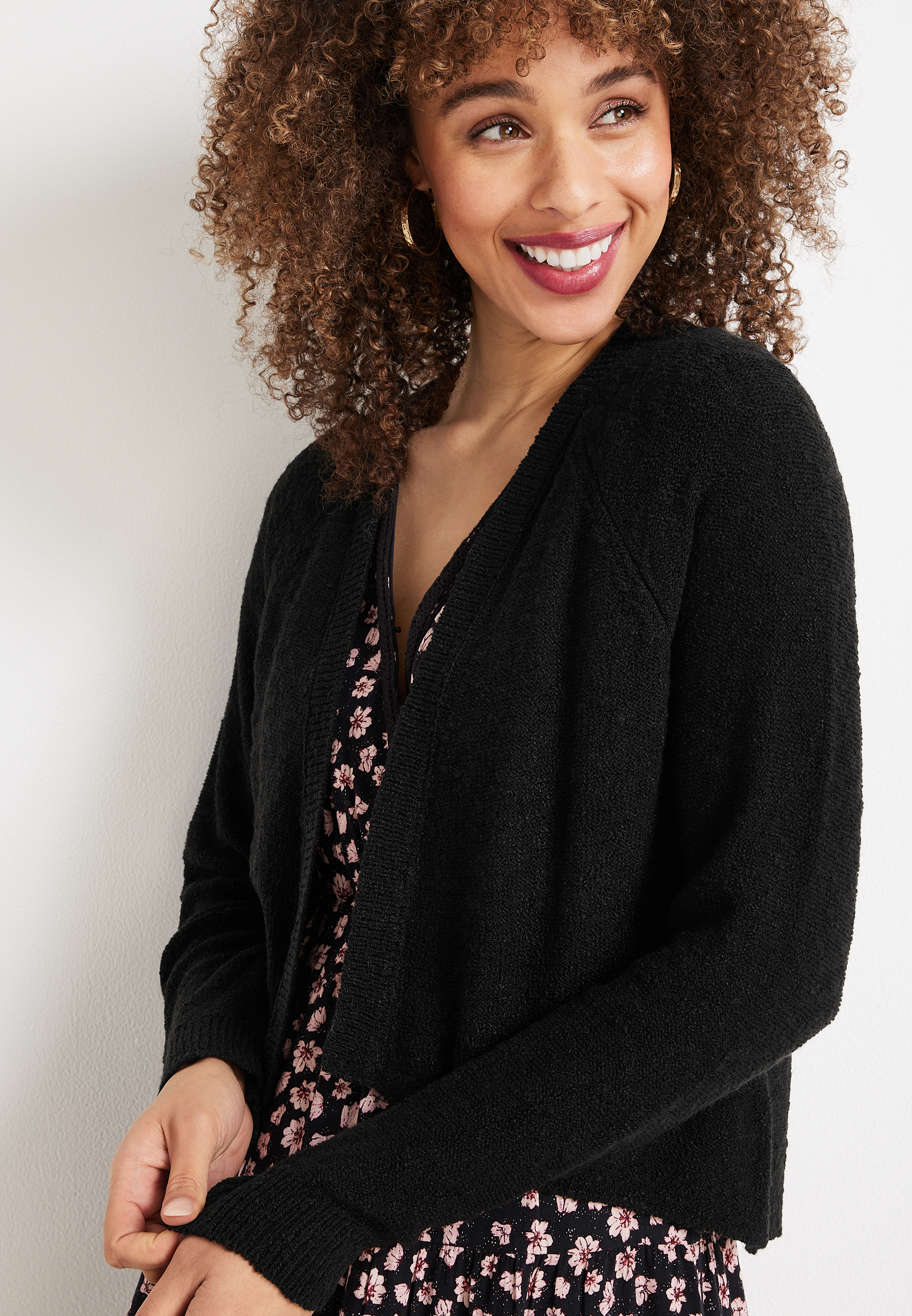 Cropped Long Sleeve Knit Cardigan, BLACK, large
