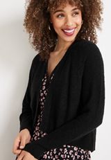 Cropped Long Sleeve Knit Cardigan, BLACK, small