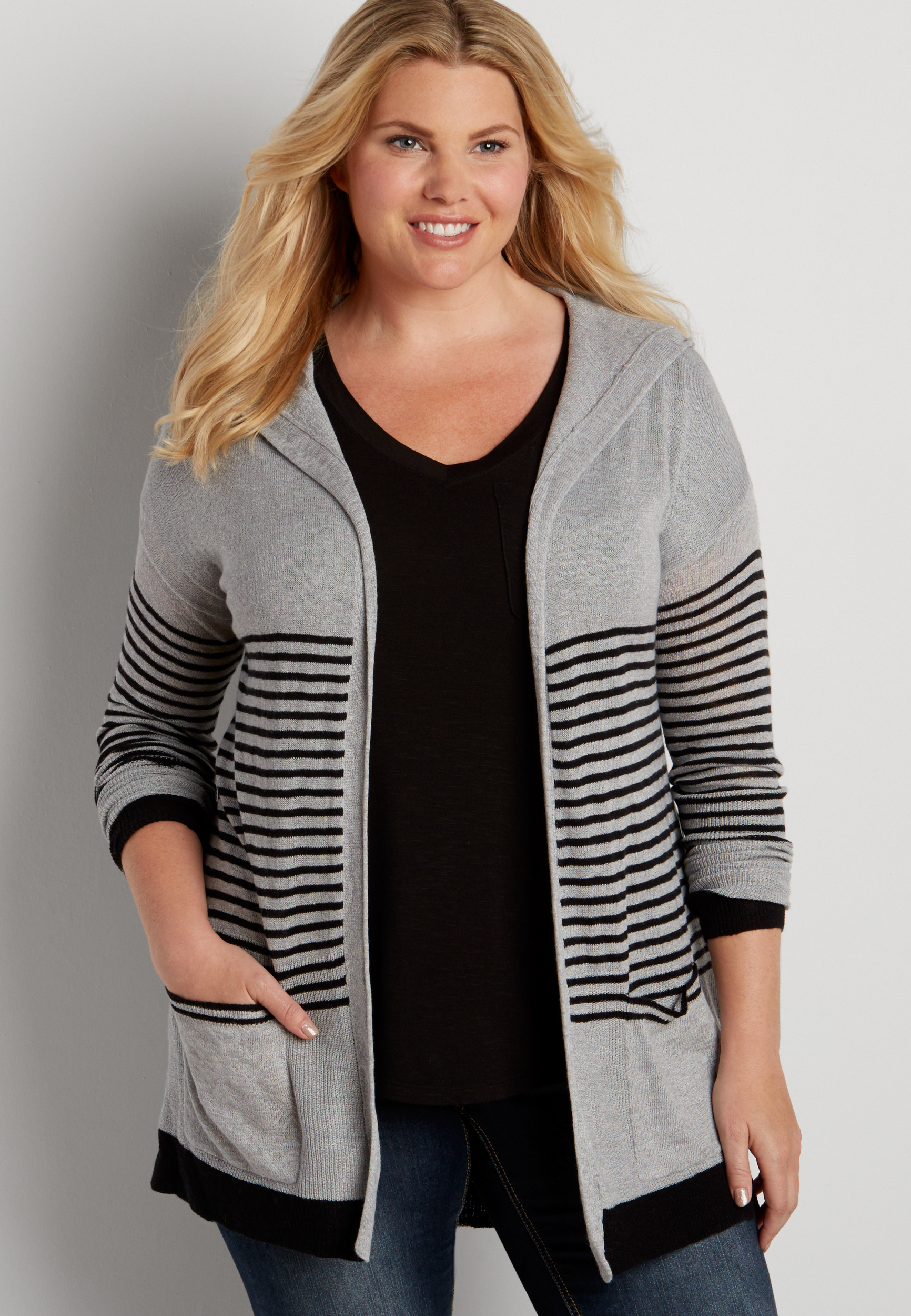 plus size lightweight hooded cardigan with stripes in gray maurices