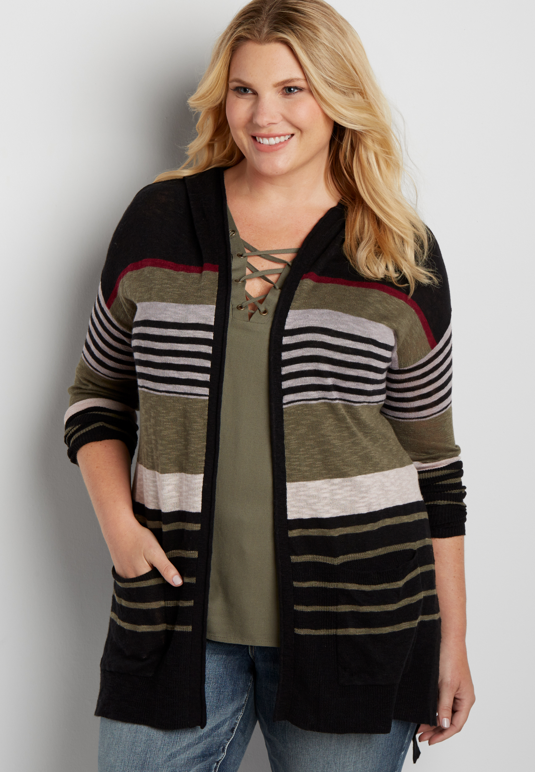 Plus Size Lightweight Hooded Cardigan With Stripes In Multi Maurices 6387