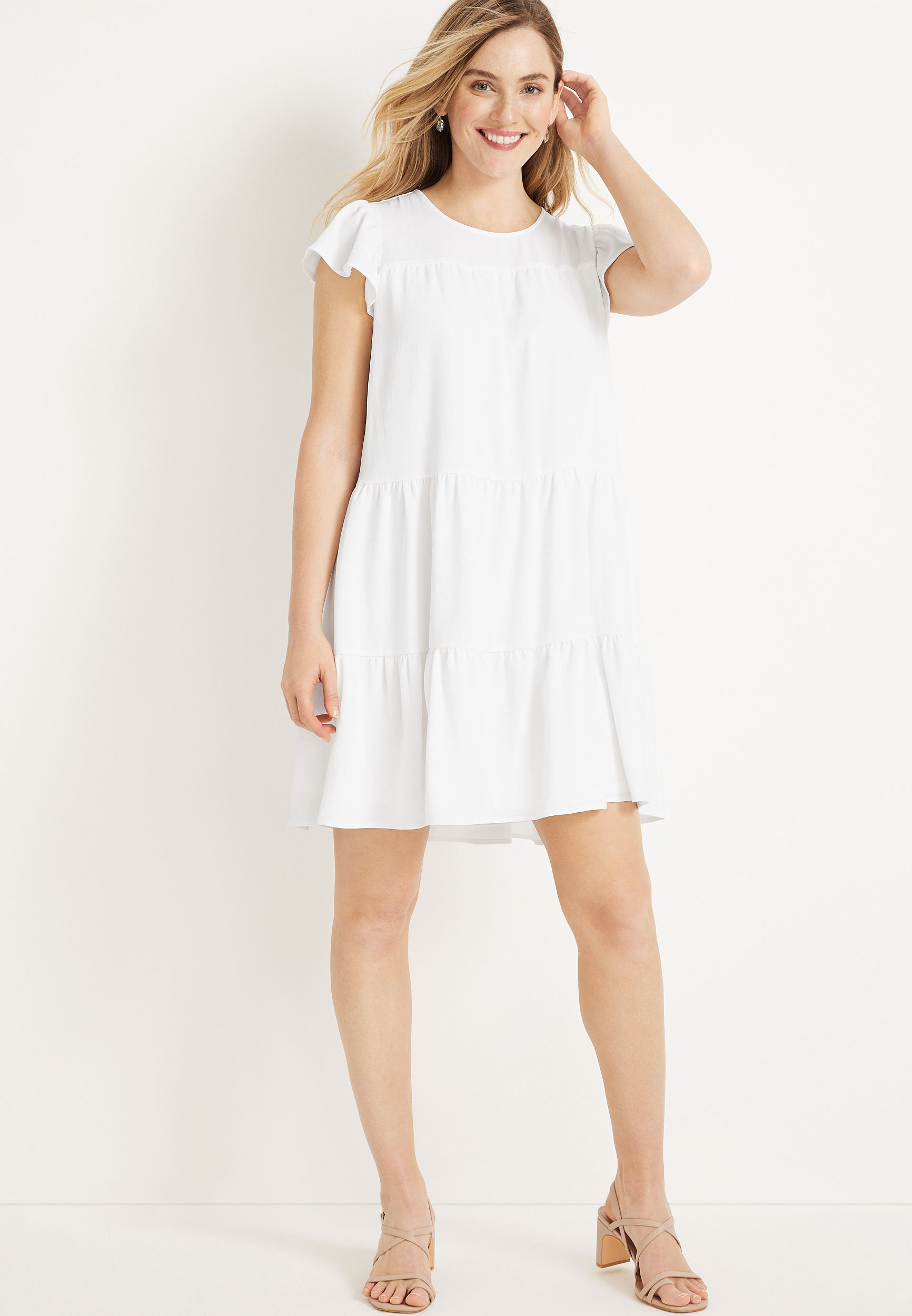 White Flutter Sleeve Mini Dress