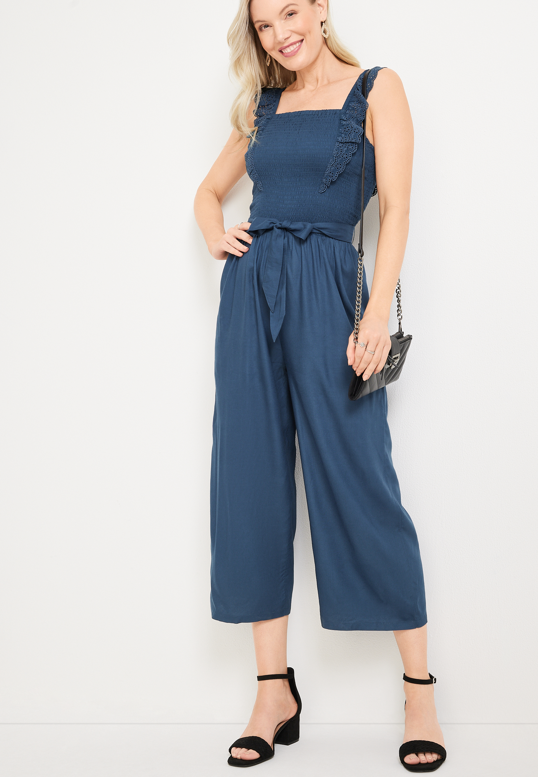 Smocked Tie Waist Jumpsuit, WASHED NAVY, large