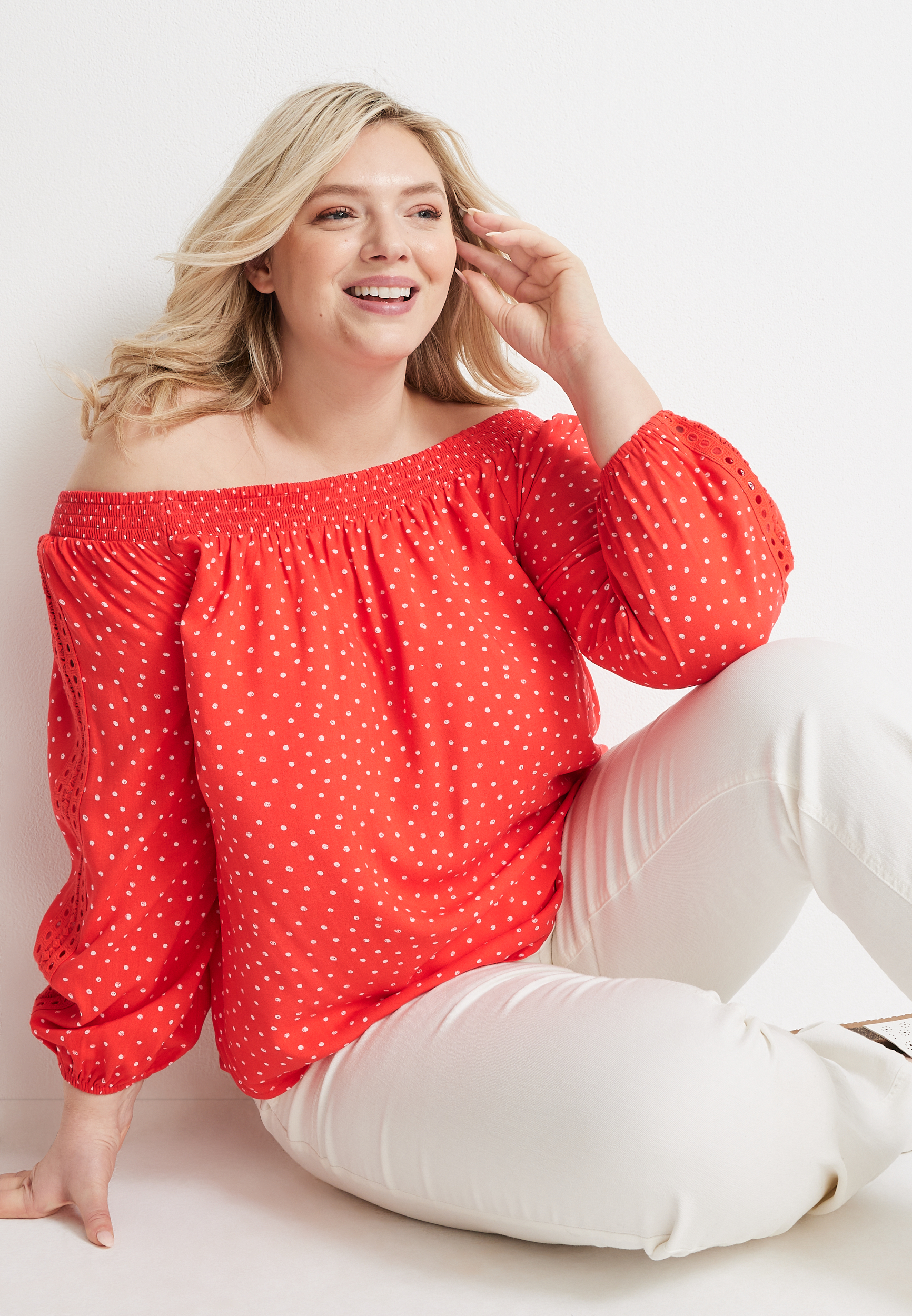 Plus Size Polka Dot Off The Shoulder Blouse, C8015, large