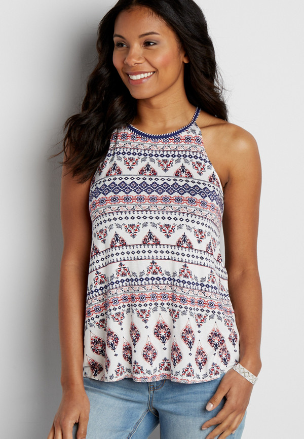 patterned tank with high whip stitched neckline | maurices