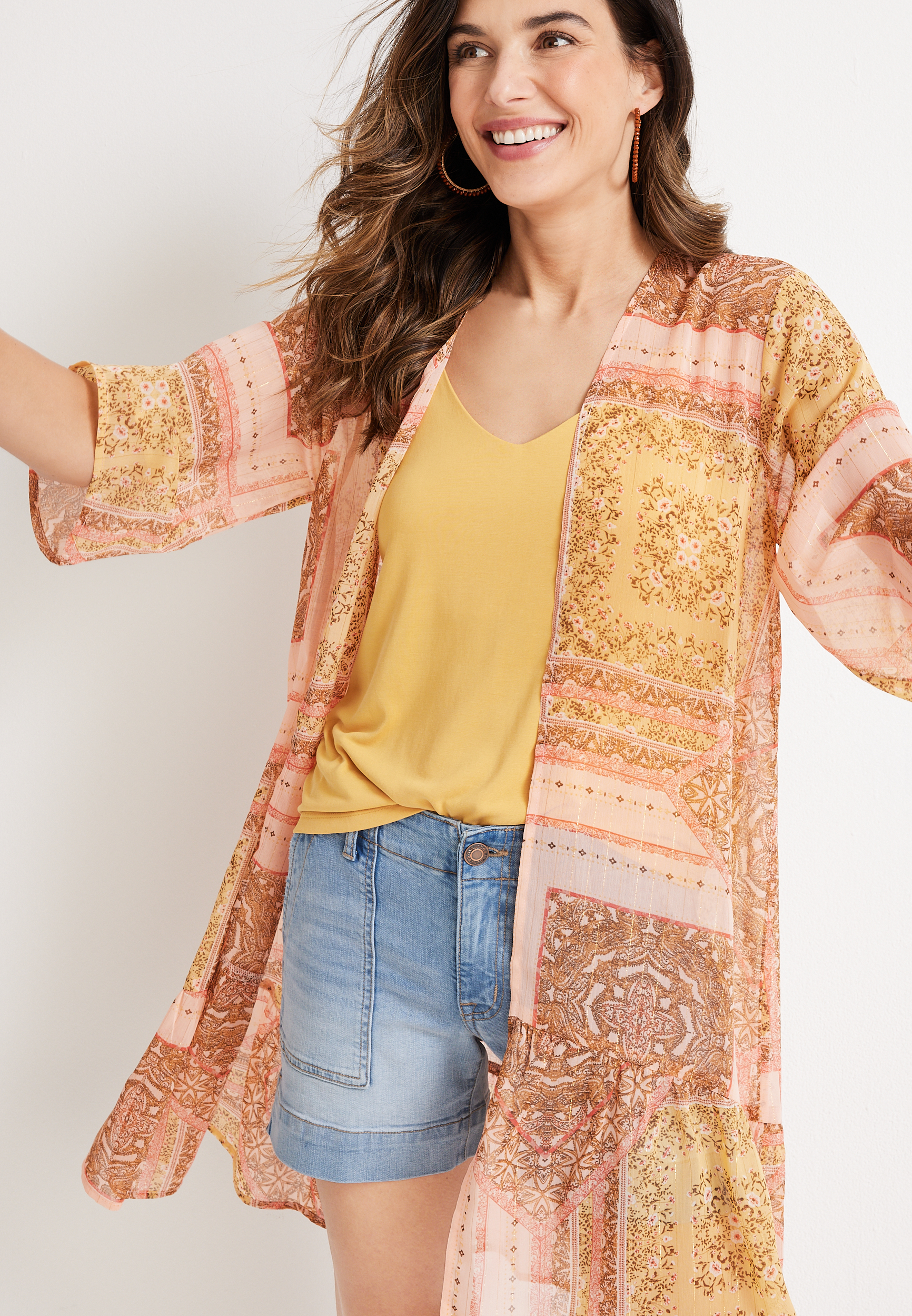 Mixed Print Scarf Kimono, C8321, large