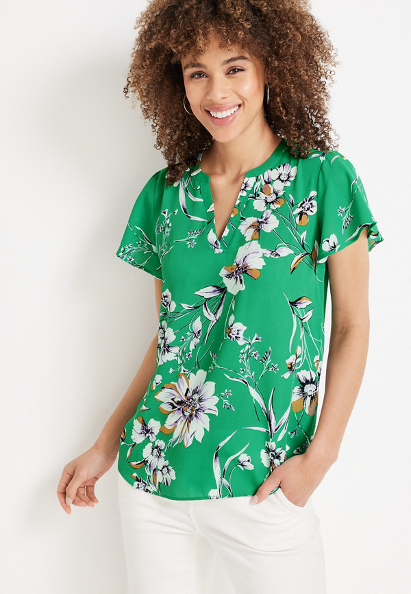 Atwood Green Floral Flutter Sleeve Blouse | maurices