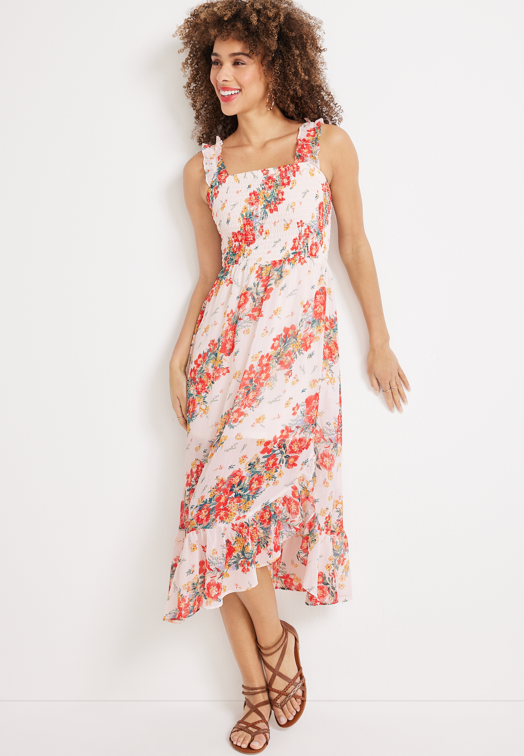 knee length dresses for ladies Glassworks London Pink and Ivory Ditsy Floral Off Shoulder Midi Dress main image 0