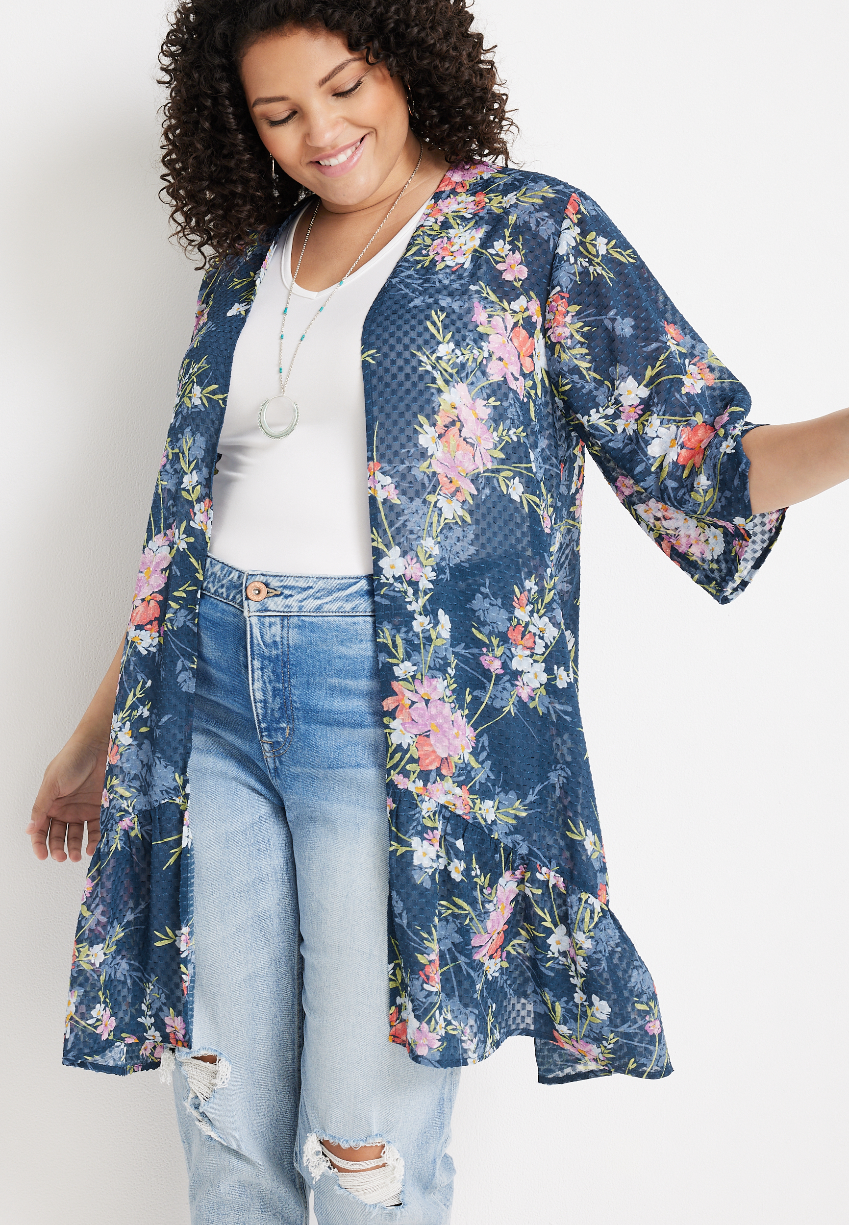 Plus Size Floral Textured Tiered Hem Kimono | maurices