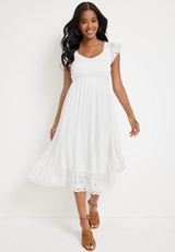 Eyelet Trim Flutter Sleeve Midi Dress, SOFT WHITE, small