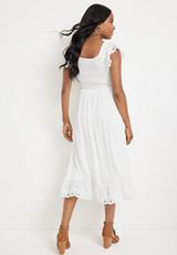 Eyelet Trim Flutter Sleeve Midi Dress, SOFT WHITE, small
