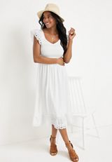 Eyelet Trim Flutter Sleeve Midi Dress, SOFT WHITE, small